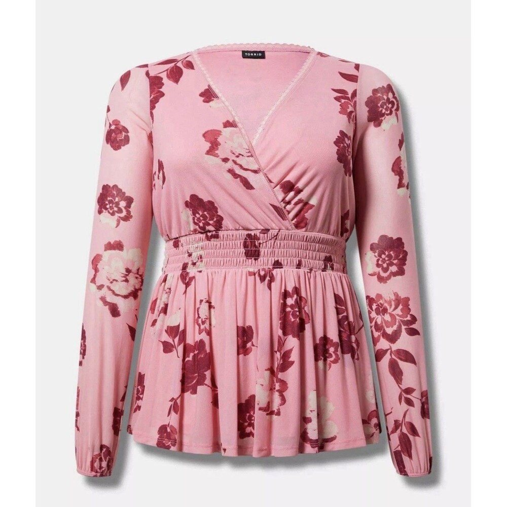 Torrid Floral Mesh Babydoll Top Size 2 18/20 Pink Surplice NWT Stretch